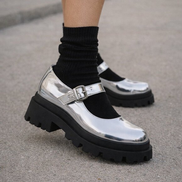 Steve Madden Shoes - Steve Madden Davinna Silver Mary Jane Platform Shoes 7.5 Chunky Lug Sole